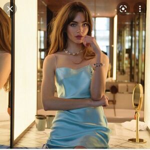 NWT DANNIJO ocean light blue lavender purple straps ruched silk mini slip dress